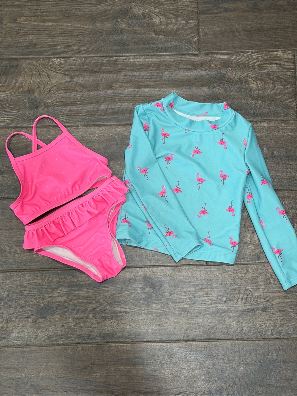 Kids Pink Two-Piece Swimsuit with Aqua Flamingo Rash Guard